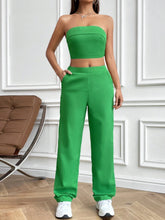 Solid Color Cropped Strapless Top And Slanted Pocket Pants Set